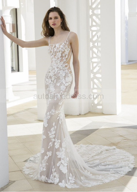 Beaded Square Neck Ivory Lace Tulle Sexy Wedding Dress